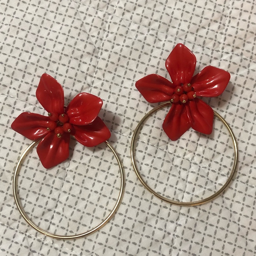 Red flower hoop earrings